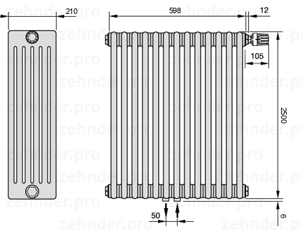 Схема (чертеж) Радиатор Zehnder Charleston 6250/13 №V008 Белый глянцевый RAL 9016